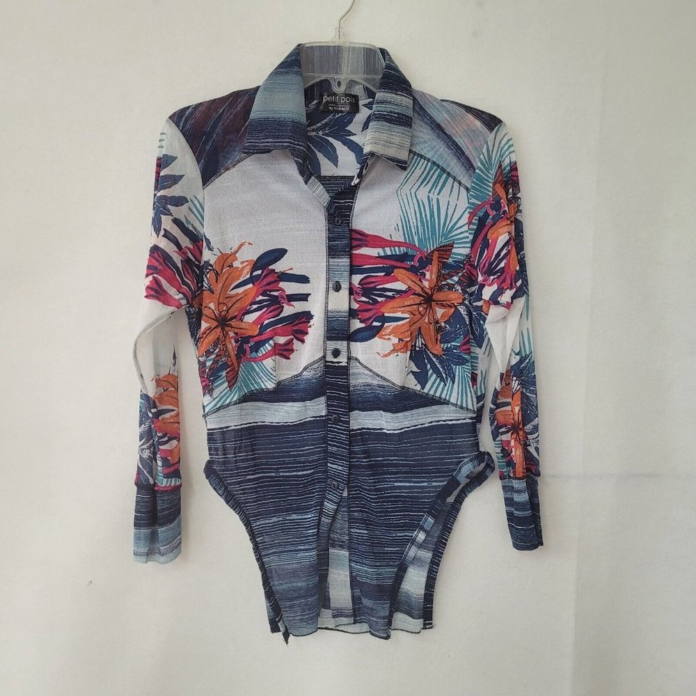 Petit Pois Shirt Womens M Nylon‎ Button Up Hawaiian Print Sheer Blouse